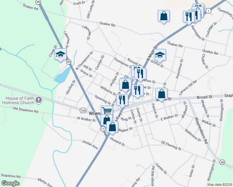 map of restaurants, bars, coffee shops, grocery stores, and more near 301 Northwest Fredrick Street in Wrens