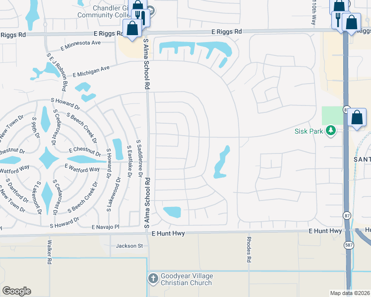map of restaurants, bars, coffee shops, grocery stores, and more near 26018 South Foxglenn Drive in Sun Lakes