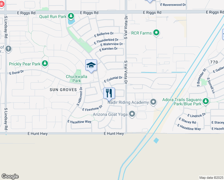 map of restaurants, bars, coffee shops, grocery stores, and more near 6650 South Pewter Way in Chandler