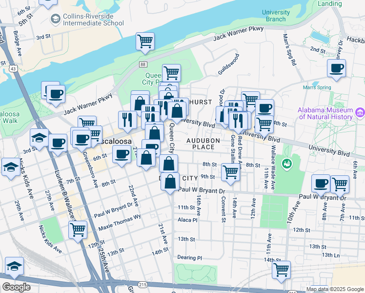map of restaurants, bars, coffee shops, grocery stores, and more near 20 Audubon Place in Tuscaloosa