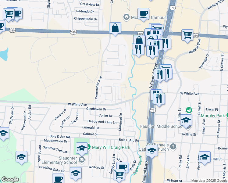 map of restaurants, bars, coffee shops, grocery stores, and more near 1321 Pebblebrook Drive in McKinney