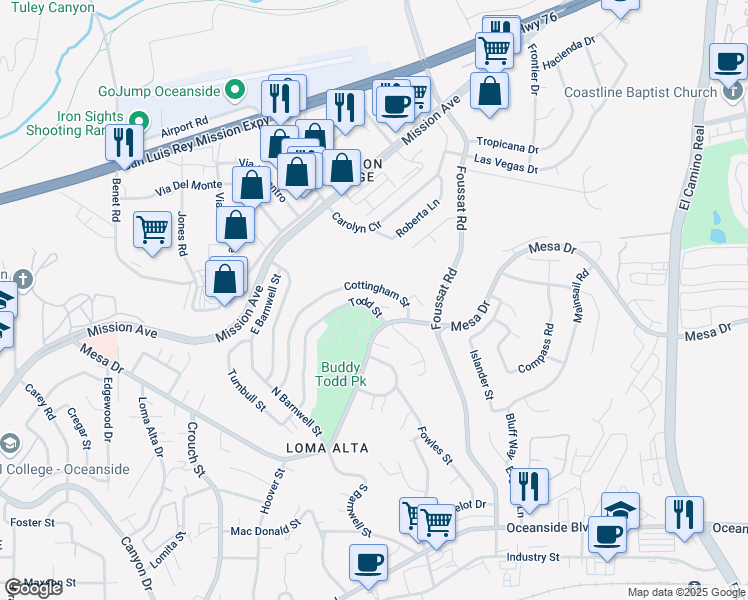 map of restaurants, bars, coffee shops, grocery stores, and more near 2915 Todd Street in Oceanside
