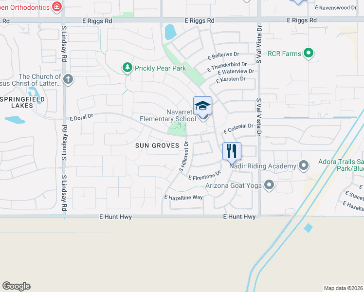 map of restaurants, bars, coffee shops, grocery stores, and more near 6541 South Silver Drive in Chandler