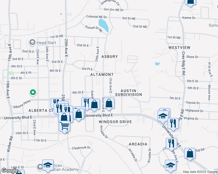 map of restaurants, bars, coffee shops, grocery stores, and more near 520 31st Avenue East in Tuscaloosa