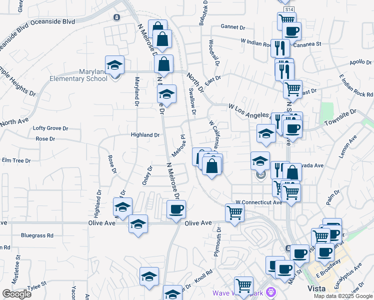 map of restaurants, bars, coffee shops, grocery stores, and more near 717 La Vida Circle in Vista