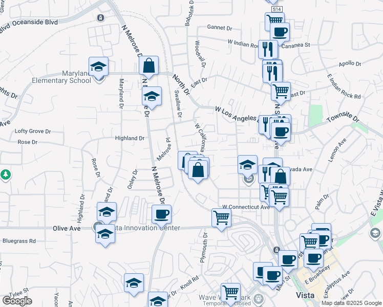 map of restaurants, bars, coffee shops, grocery stores, and more near 636 West California Avenue in Vista