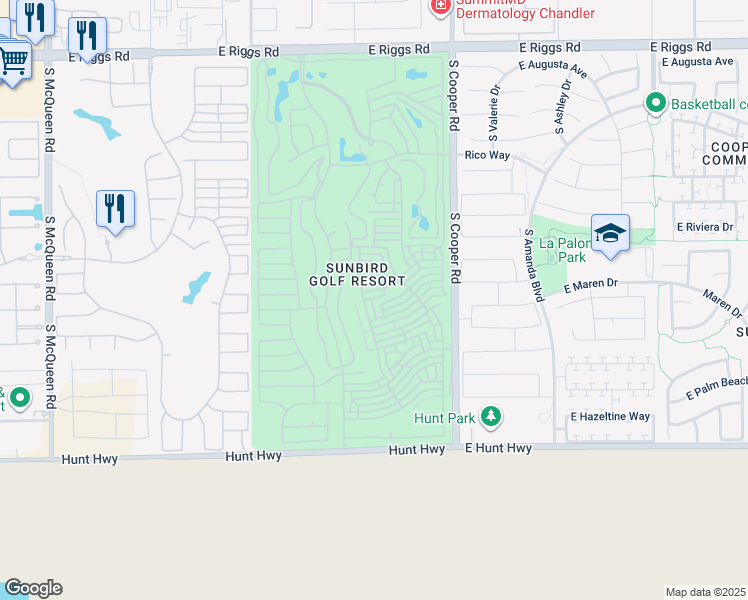 map of restaurants, bars, coffee shops, grocery stores, and more near 9 North Calle Circle in Chandler