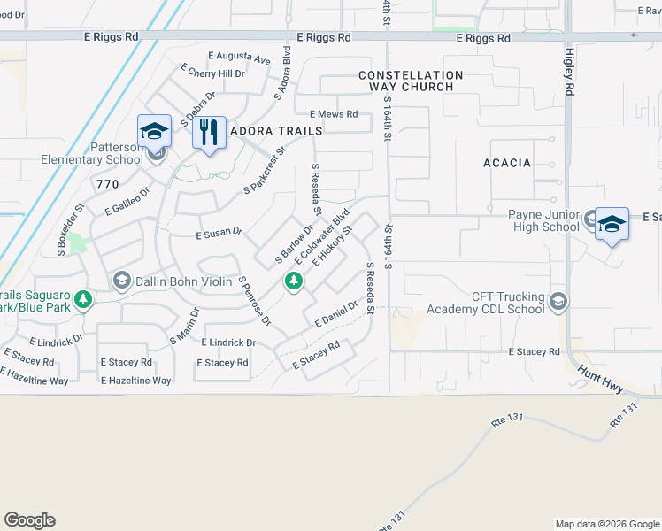 map of restaurants, bars, coffee shops, grocery stores, and more near 2672 East Gillcrest Road in Gilbert