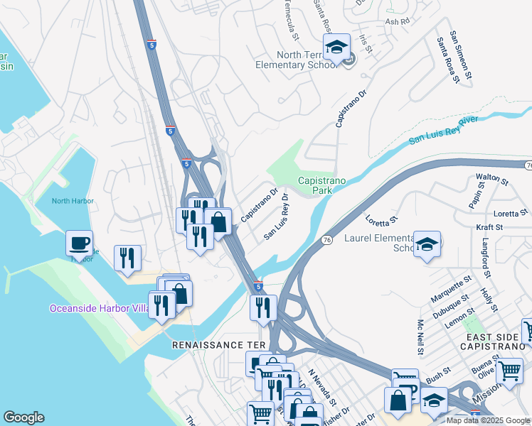 map of restaurants, bars, coffee shops, grocery stores, and more near 614 Monterey Drive in Oceanside