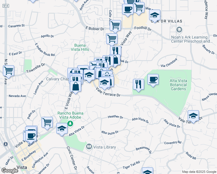 map of restaurants, bars, coffee shops, grocery stores, and more near 841 Williamston Street in Vista