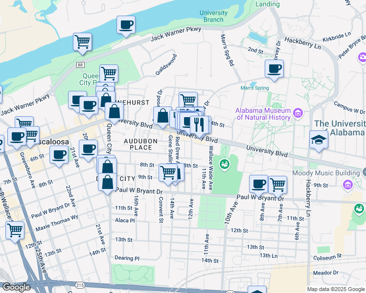 map of restaurants, bars, coffee shops, grocery stores, and more near 521 Red Drew Avenue in Tuscaloosa