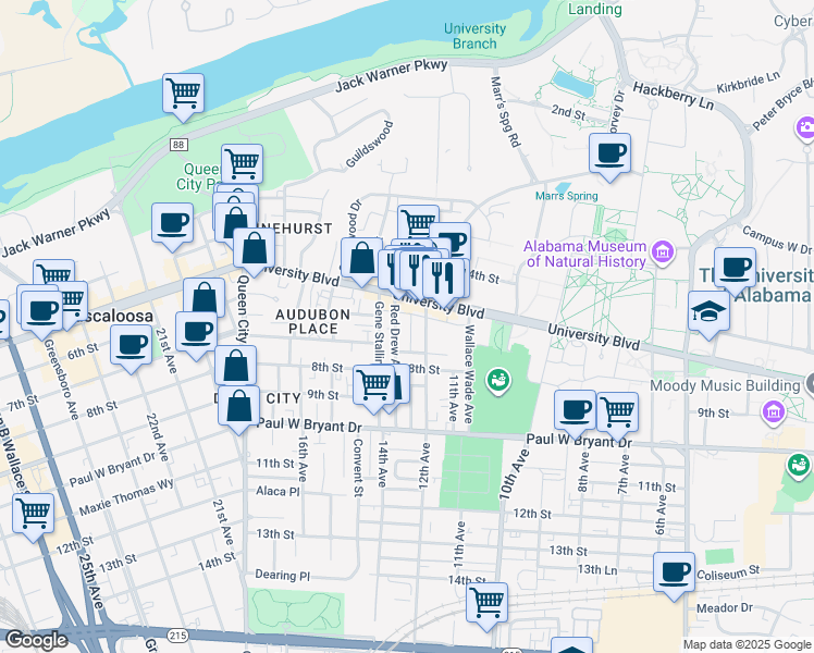 map of restaurants, bars, coffee shops, grocery stores, and more near 521 Red Drew Avenue in Tuscaloosa