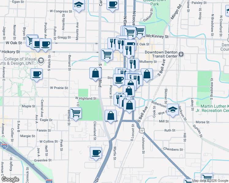 map of restaurants, bars, coffee shops, grocery stores, and more near 517 Pierce Street in Denton