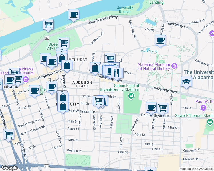 map of restaurants, bars, coffee shops, grocery stores, and more near 521 Red Drew Avenue in Tuscaloosa
