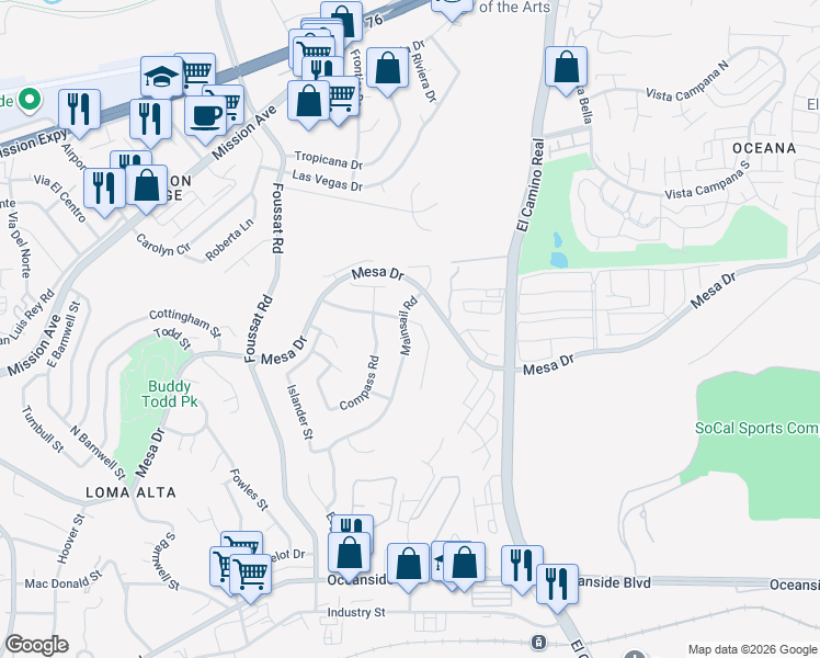 map of restaurants, bars, coffee shops, grocery stores, and more near 342 Mainsail Road in Oceanside