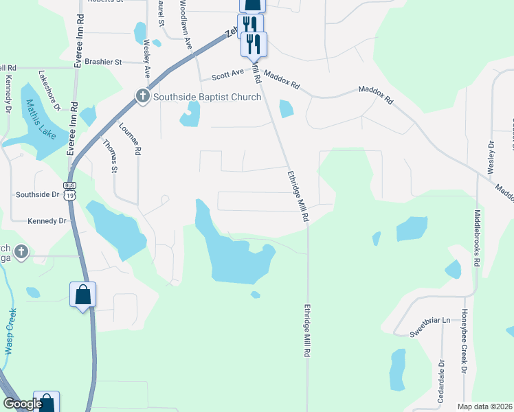 map of restaurants, bars, coffee shops, grocery stores, and more near 119 Woodmont Drive in Griffin