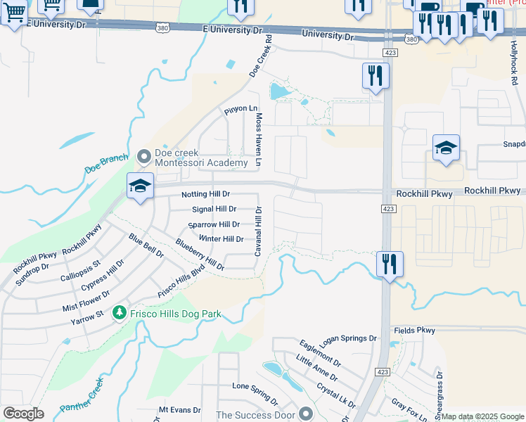 map of restaurants, bars, coffee shops, grocery stores, and more near 301 Cavanal Hill Drive in Little Elm