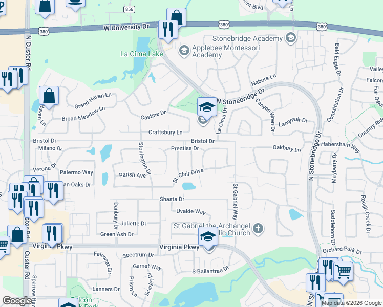 map of restaurants, bars, coffee shops, grocery stores, and more near 812 Windy Hill Drive in McKinney