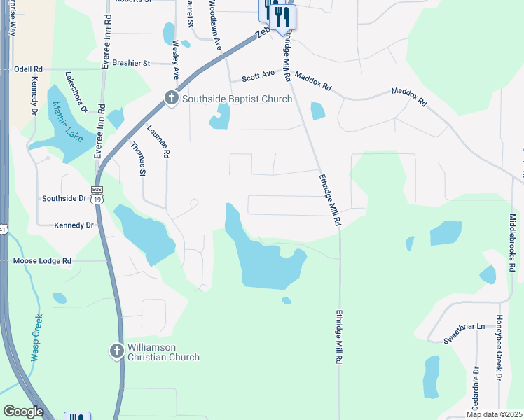 map of restaurants, bars, coffee shops, grocery stores, and more near 129 Woodmont Drive in Griffin