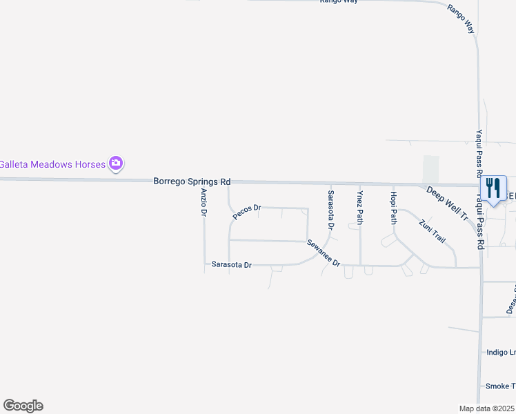 map of restaurants, bars, coffee shops, grocery stores, and more near Pecos Drive in Borrego Springs