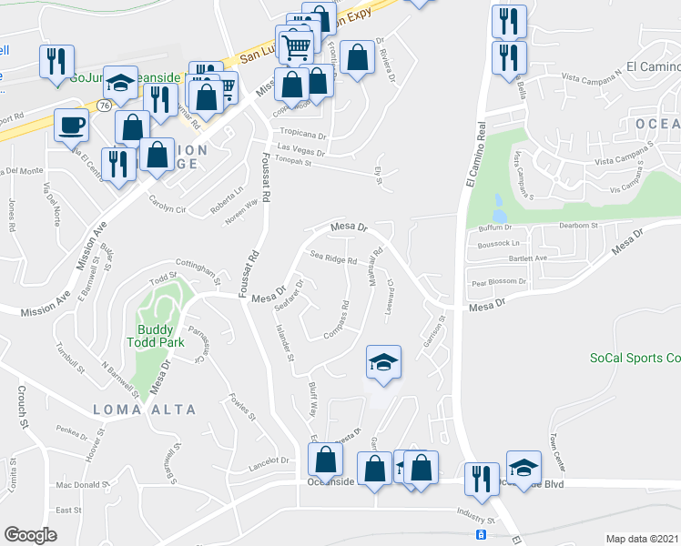 map of restaurants, bars, coffee shops, grocery stores, and more near 359 Compass Road in Oceanside