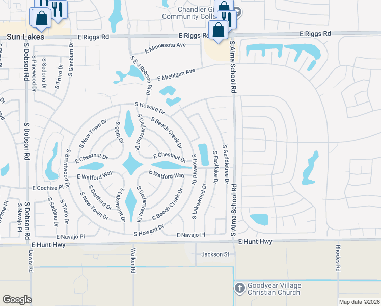 map of restaurants, bars, coffee shops, grocery stores, and more near 26014 South Howard Drive in Sun Lakes