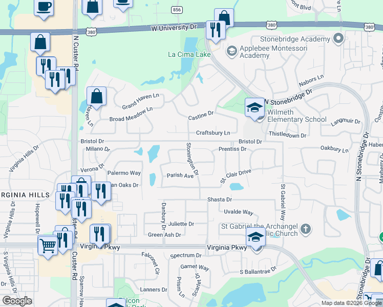 map of restaurants, bars, coffee shops, grocery stores, and more near 8213 Cheatham Court in McKinney