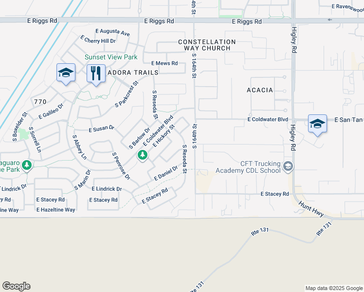 map of restaurants, bars, coffee shops, grocery stores, and more near 7704 South Reseda Street in Gilbert