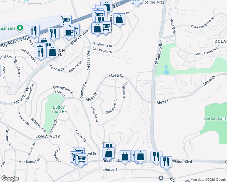 map of restaurants, bars, coffee shops, grocery stores, and more near 359 Compass Road in Oceanside