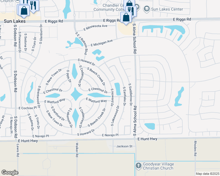 map of restaurants, bars, coffee shops, grocery stores, and more near 26017 South Beech Creek Drive in Sun Lakes