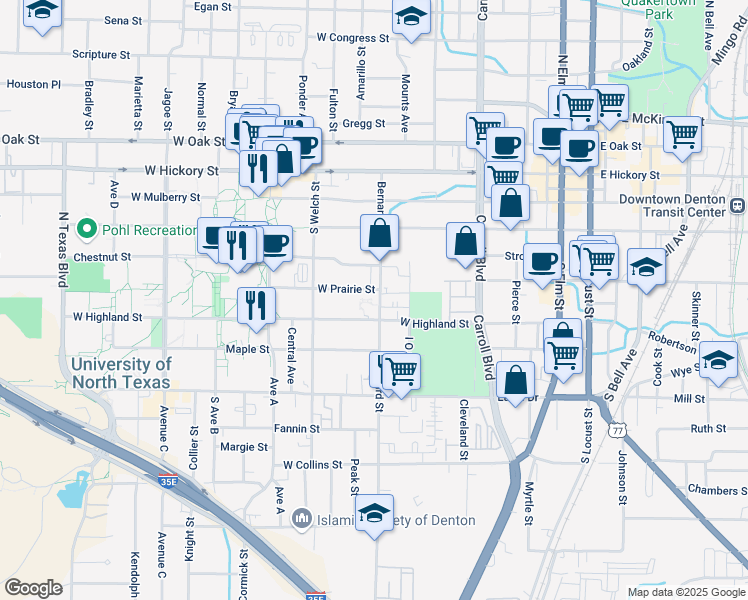 map of restaurants, bars, coffee shops, grocery stores, and more near 510 Bernard Street in Denton