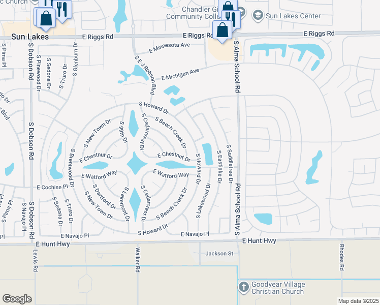 map of restaurants, bars, coffee shops, grocery stores, and more near 26017 South Beech Creek Drive in Sun Lakes