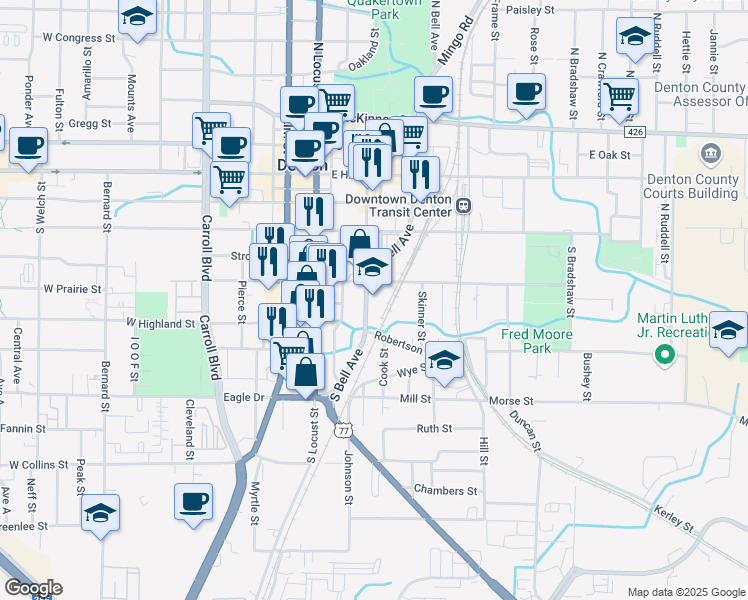 map of restaurants, bars, coffee shops, grocery stores, and more near in Denton
