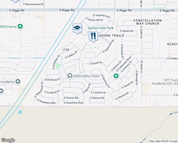 map of restaurants, bars, coffee shops, grocery stores, and more near 2364 East Brigadier Drive in Gilbert