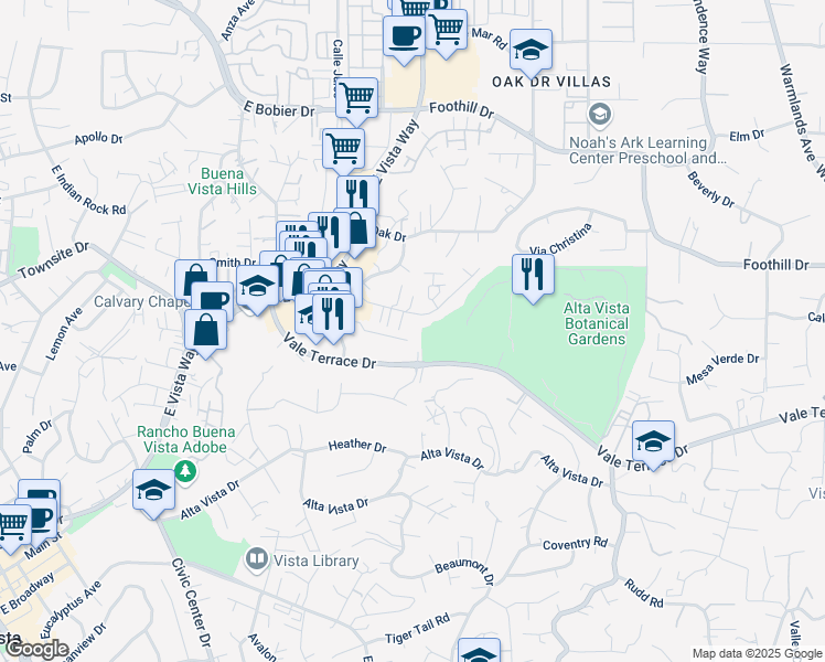 map of restaurants, bars, coffee shops, grocery stores, and more near 1075 Meadow Lake Drive in Vista