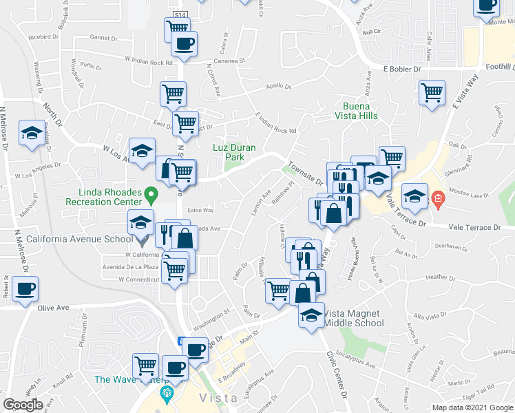 map of restaurants, bars, coffee shops, grocery stores, and more near 809 Raintree Place in Vista