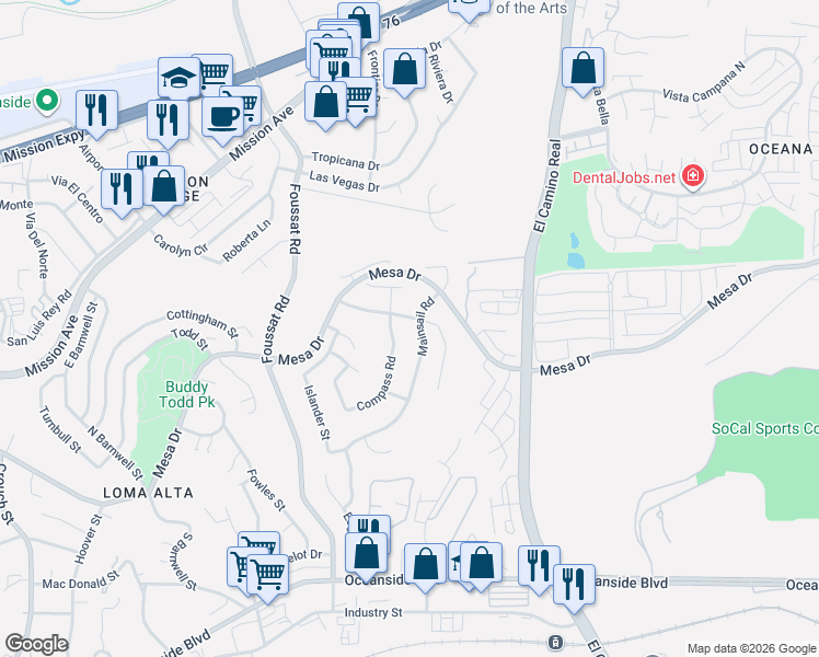 map of restaurants, bars, coffee shops, grocery stores, and more near 342 Mainsail Road in Oceanside
