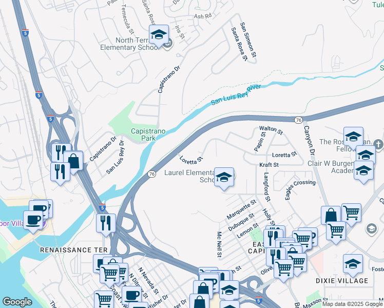 map of restaurants, bars, coffee shops, grocery stores, and more near 1203 Wynn Street in Oceanside
