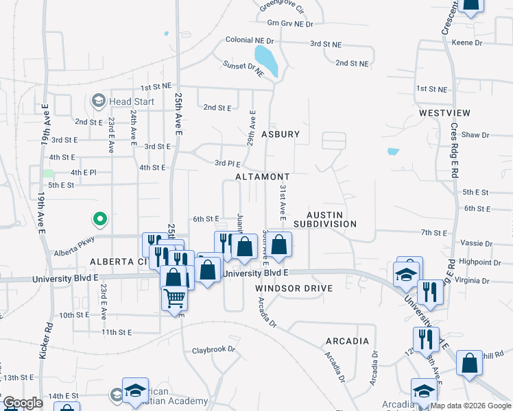 map of restaurants, bars, coffee shops, grocery stores, and more near 570 30th Avenue East in Tuscaloosa