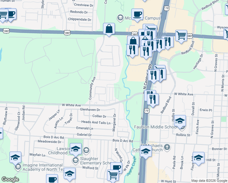 map of restaurants, bars, coffee shops, grocery stores, and more near 1324 Creekbank Drive in McKinney