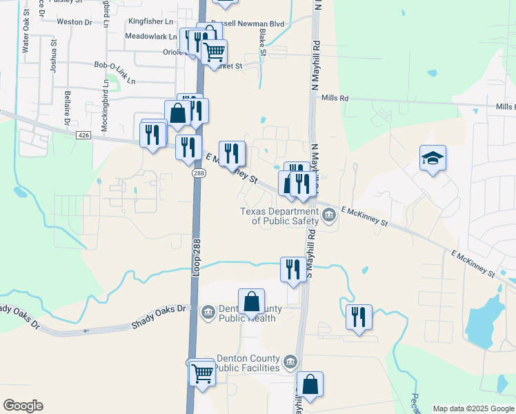 map of restaurants, bars, coffee shops, grocery stores, and more near 191 Duchess Drive in Denton