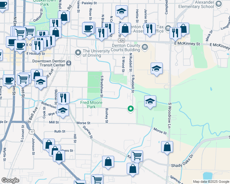 map of restaurants, bars, coffee shops, grocery stores, and more near 1100 East Prairie Street in Denton