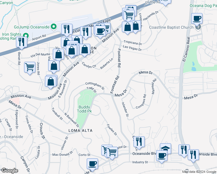 map of restaurants, bars, coffee shops, grocery stores, and more near 223 Cottingham Court in Oceanside