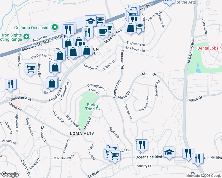 map of restaurants, bars, coffee shops, grocery stores, and more near 231 Cottingham Court in Oceanside