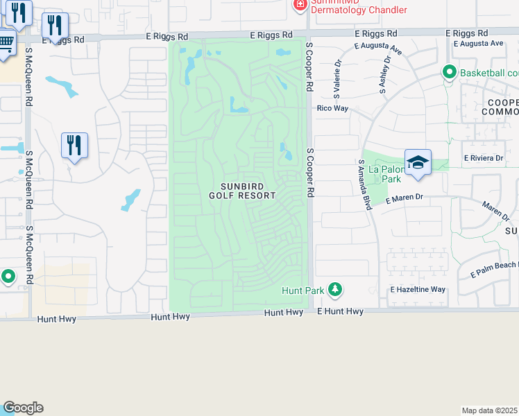 map of restaurants, bars, coffee shops, grocery stores, and more near 9 North Calle Circle in Chandler