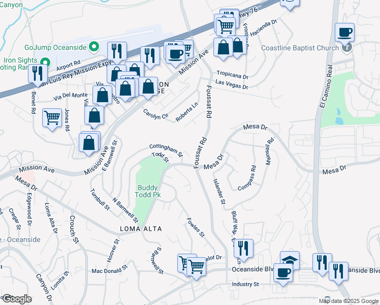 map of restaurants, bars, coffee shops, grocery stores, and more near 223 Cottingham Court in Oceanside