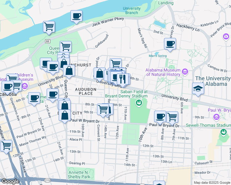 map of restaurants, bars, coffee shops, grocery stores, and more near 530 Frank Thomas Avenue in Tuscaloosa