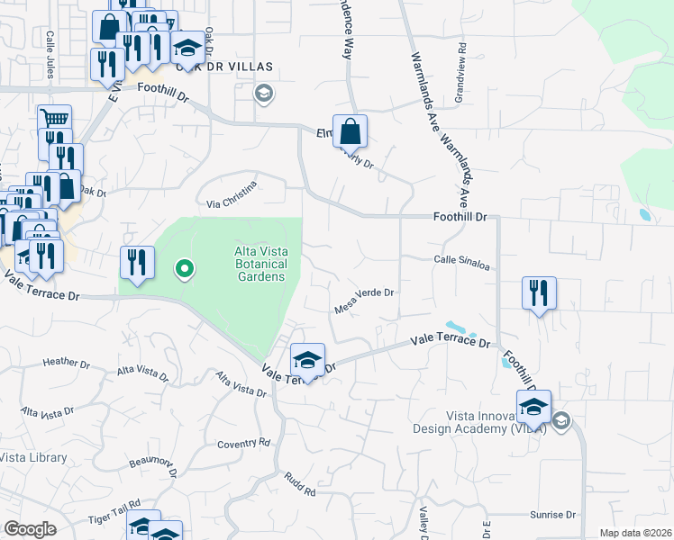 map of restaurants, bars, coffee shops, grocery stores, and more near 1605 Foothill Drive in Vista