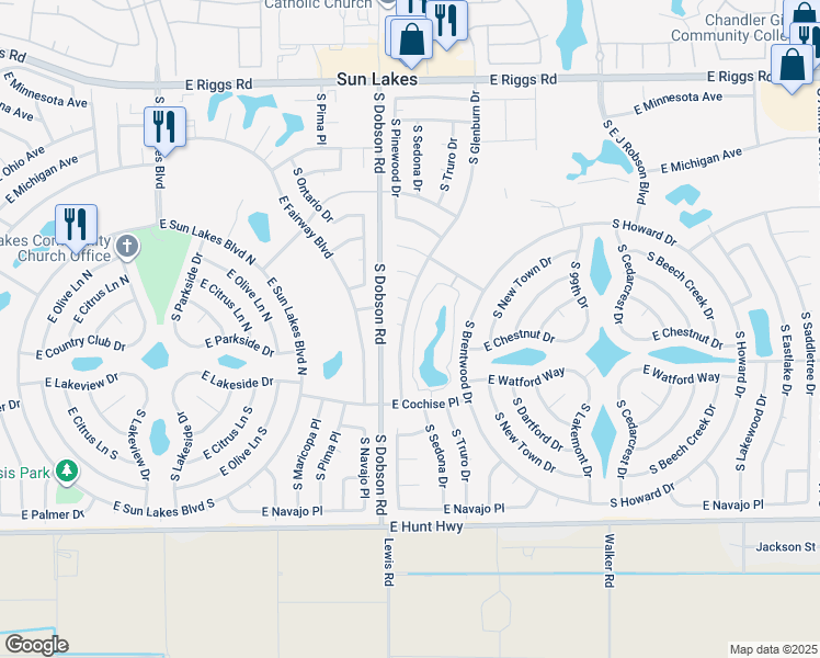 map of restaurants, bars, coffee shops, grocery stores, and more near 26027 S Glenburn Dr in Sun Lakes