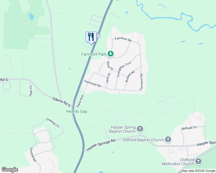 map of restaurants, bars, coffee shops, grocery stores, and more near 3301 Jane Street in Sylacauga